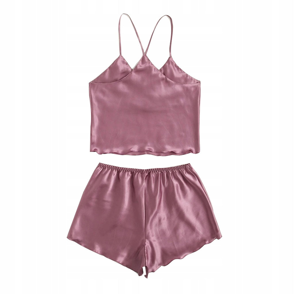 Pyjama en satin pour femme – rose, à bretelles croisées