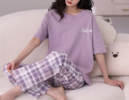 Women's Pyjamas — Purple with Checked Trousers