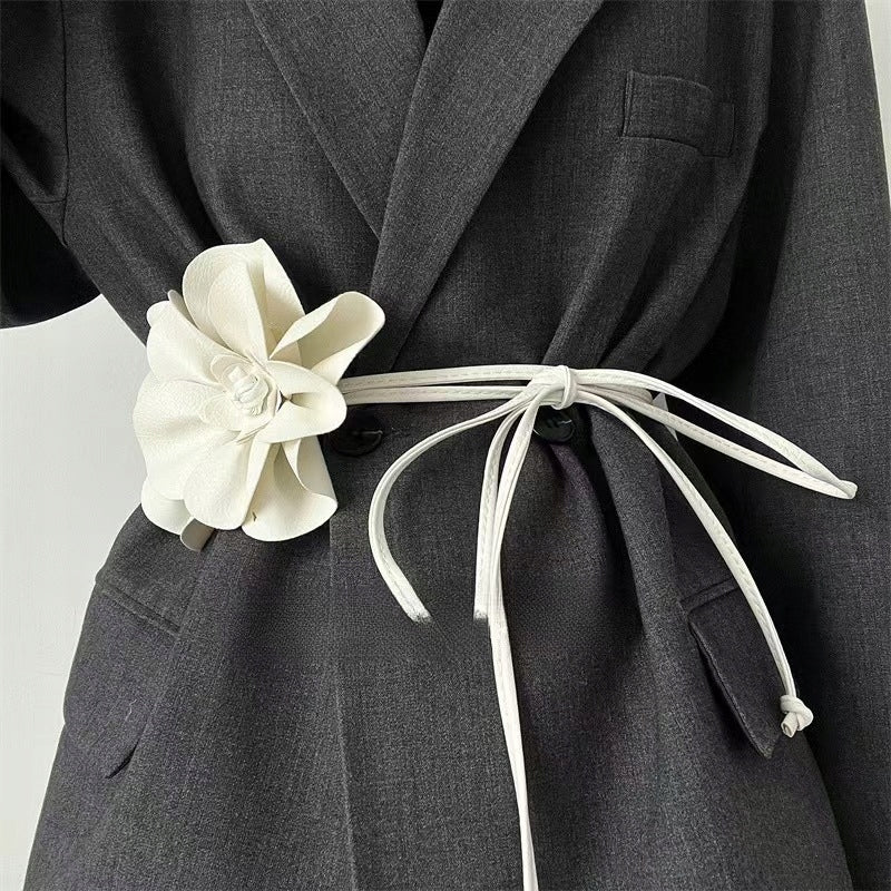 White Faux Leather Tie Belt with Large Flower — Elegant Statement Accessory