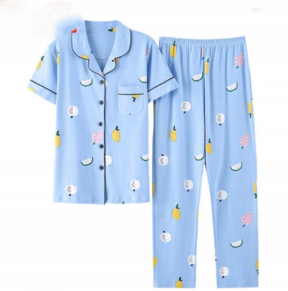 Damenpyjama zum Aufknöpfen mit kurzen Ärmeln – blau gemustert