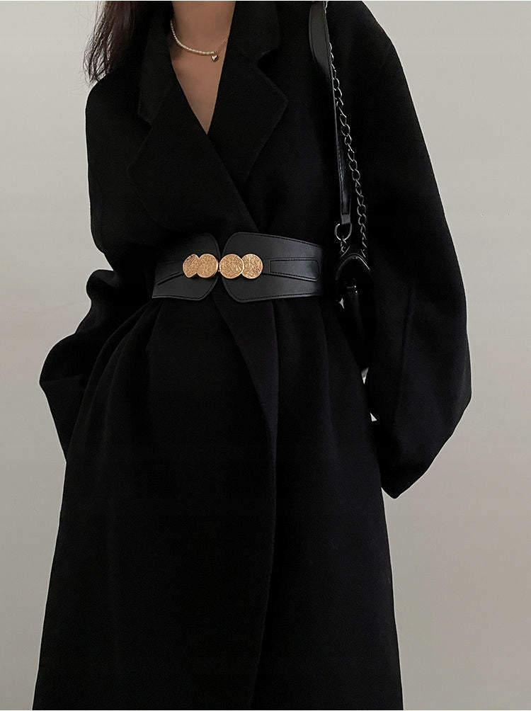Women's Black Elastic and Faux Leather Belt — Elegant Coat Accessory