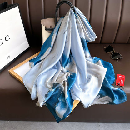 Women's Elegant Large Blue Silk-Effect Scarf — Sophisticated Style, 180×90 cm