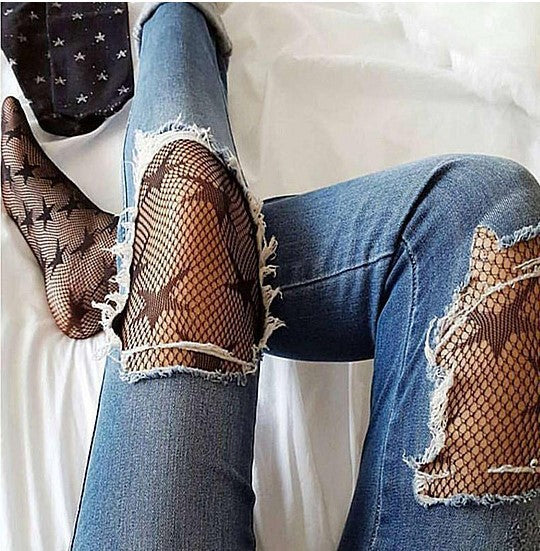 Star-Patterned Women's Lace Tights – Black