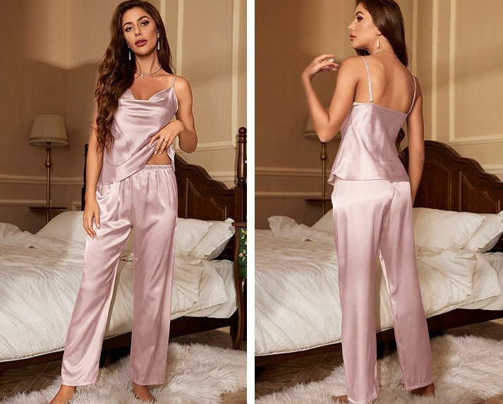 Women's Satin Pyjamas — Top and Full-Length Trousers, Pale Pink