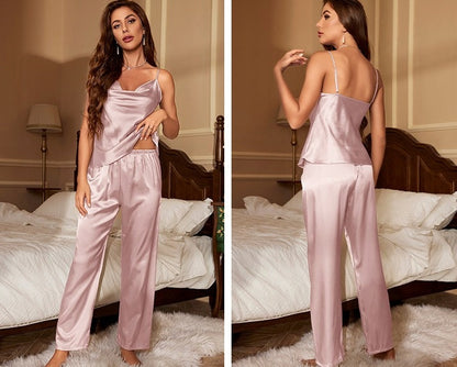 Women's Satin Pyjamas — Top and Full-Length Trousers, Pale Pink