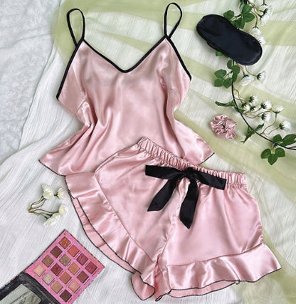 Damen-Satinpyjama – rosa mit schwarzer Schleife