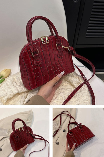 Women's Elegant Burgundy Patent Snakeskin-Effect Structured Shoulder Bag