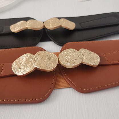 Women's Black Elastic and Faux Leather Belt — Elegant Coat Accessory