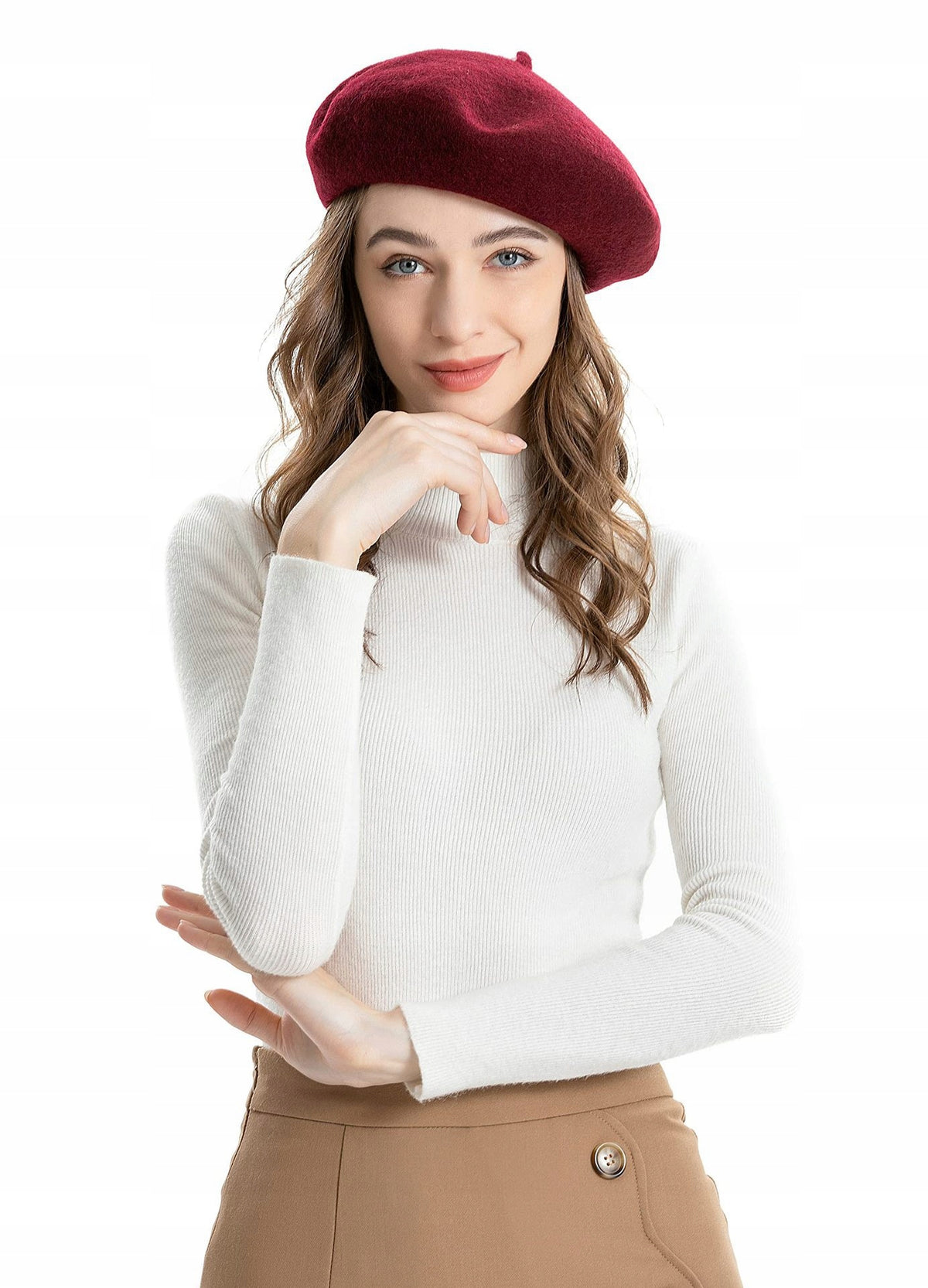 Women's Elegant Burgundy French-Style Beret — Classic Design with a Stem