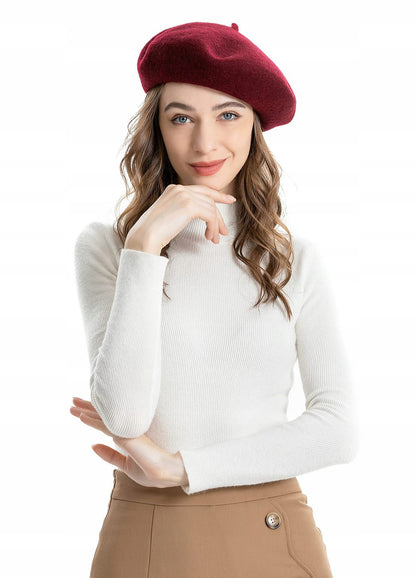 Women's Elegant Burgundy French-Style Beret — Classic Design with a Stem