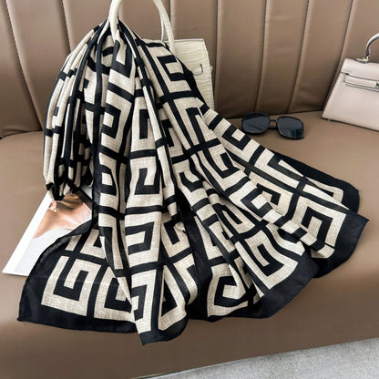 Silk-Effect Scarf 180 × 90 cm – Black & Beige