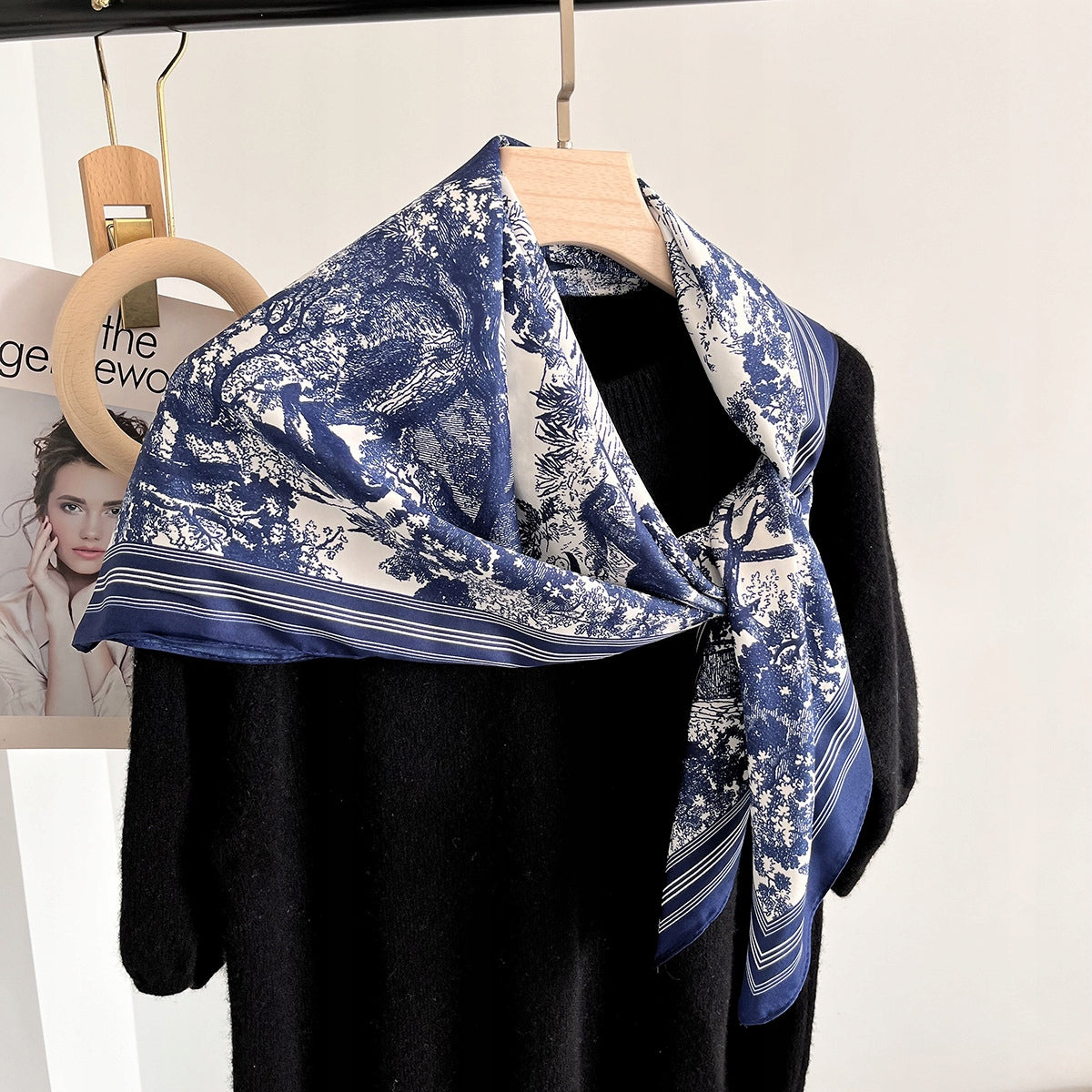 Women's Elegant Large Silky Square Scarf — Navy Gift Scarf, 90×90