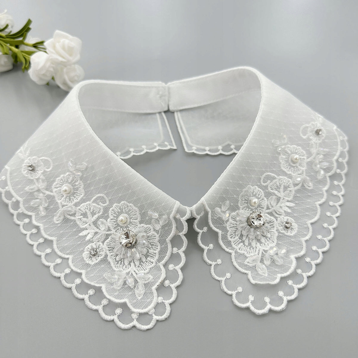 Elegant White Embroidered Tie-on Collar with Cubic Zirconia — Fashion Accessory