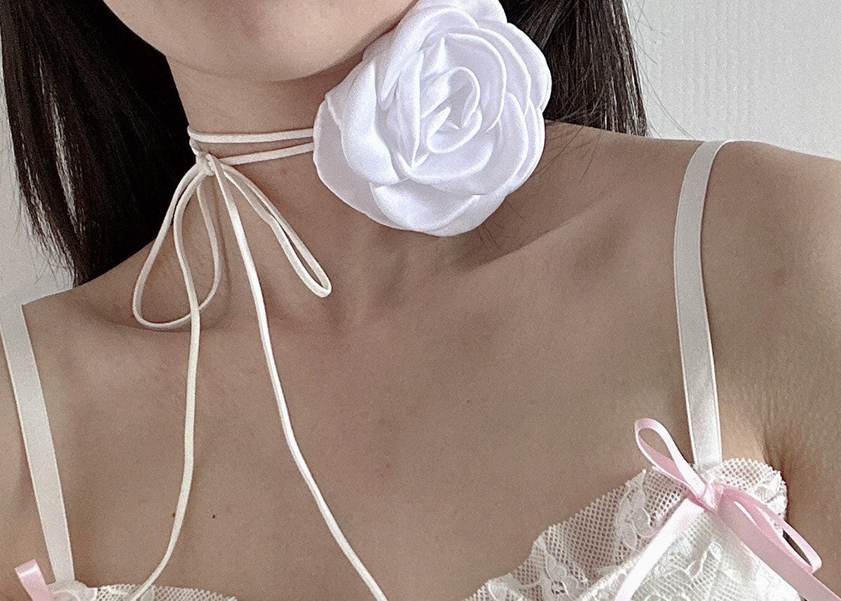 Elegant Women's White Rose Choker on a Cord