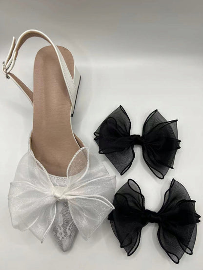 White Satin Bow Shoe Clips — Elegant Decorations for High Heels