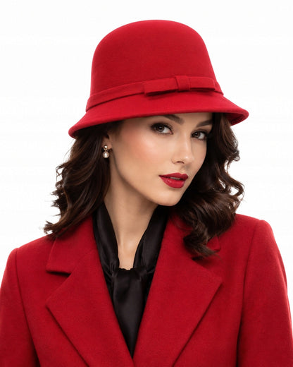 Women's Elegant Red Cylindrical Bucket Hat to Wear with a Coat