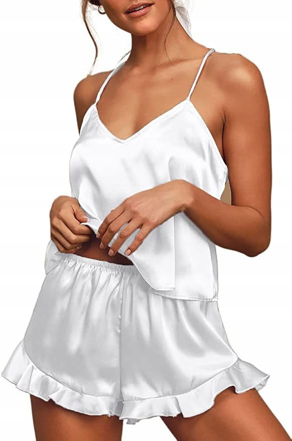 Women's Satin Pyjamas — White with Ruffles