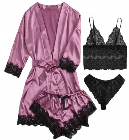 Damen-Satinpyjama mit Bademantel und Spitze – violett und schwarz