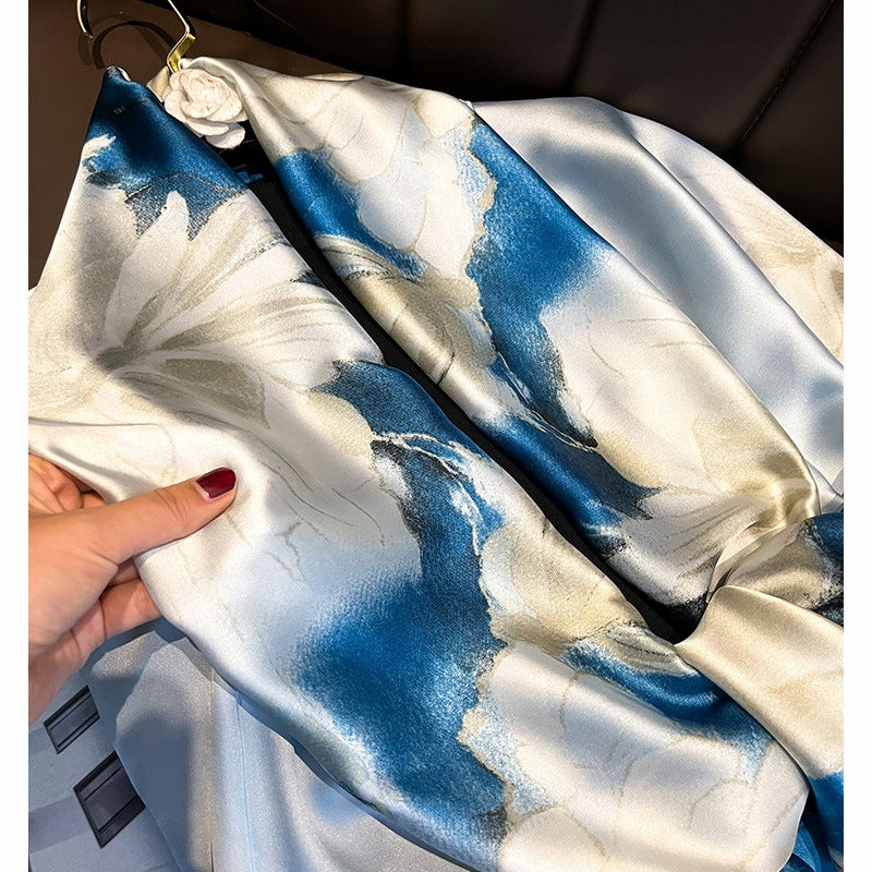 Women's Elegant Large Blue Silk-Effect Scarf — Sophisticated Style, 180×90 cm