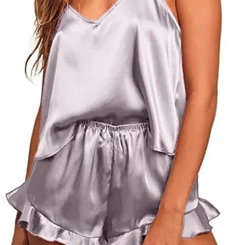 Damen-Satinpyjama – silbergrau mit Volant