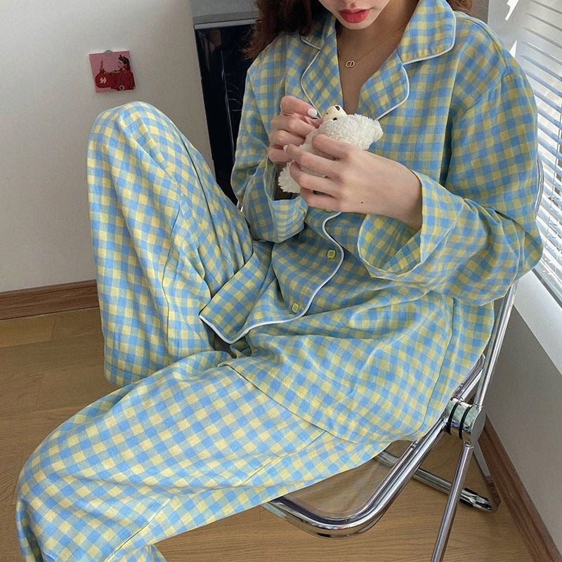 Women's Button-Front Pyjamas — Green Check with a Patch