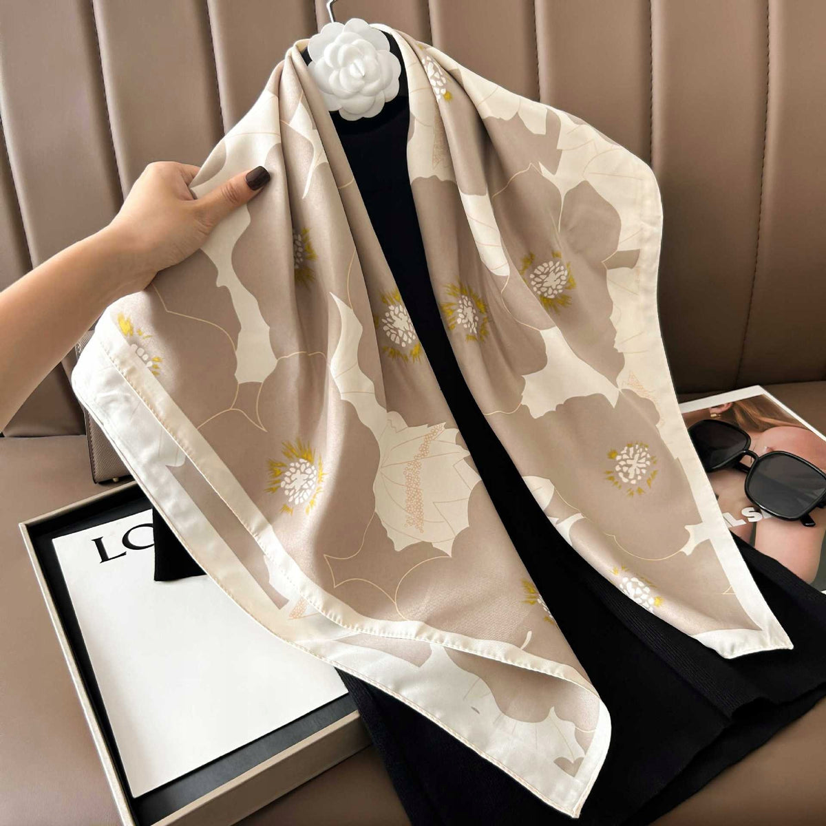 Silk-Effect Square Scarf 90 × 90 cm – Beige