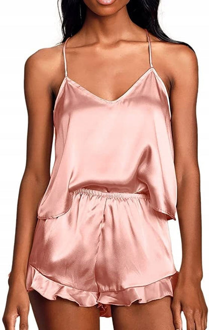 Pijama de satén de mujer – albaricoque, con volante