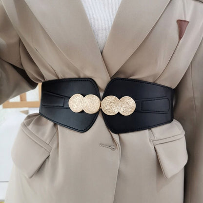 Women's Black Elastic and Faux Leather Belt — Elegant Coat Accessory