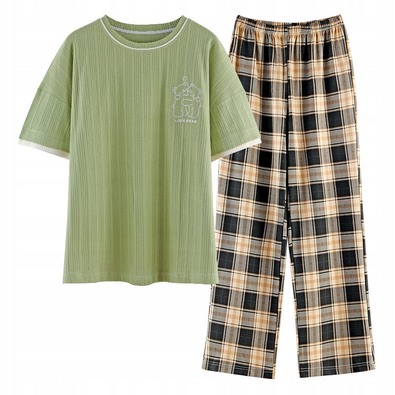 Women's Pyjamas — Olive with Beige Checked Trousers