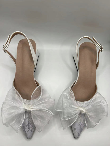 White Satin Bow Shoe Clips — Elegant Decorations for High Heels