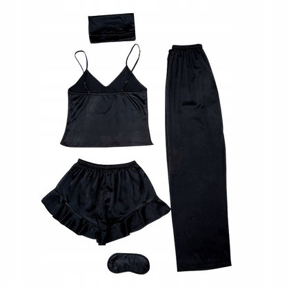 Damen-Satinpyjama – fünfteiliges Set in Schwarz