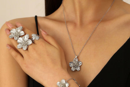 Parure : collier, boucles d’oreilles, bracelet et bague – argenté