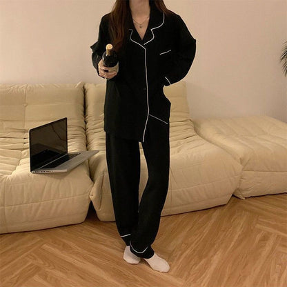Women's Button-Front Pyjamas — Black with White Piping