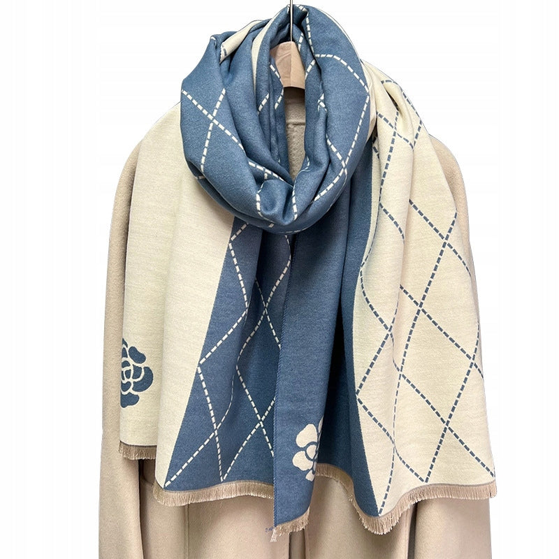 Damen-Winterschal 180 × 66 cm – beige und blau