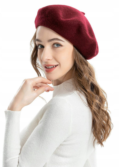Women's Elegant Burgundy French-Style Beret — Classic Design with a Stem