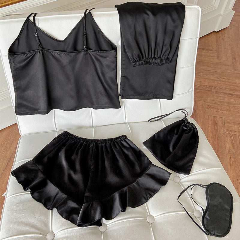 Damen-Satinpyjama – fünfteiliges Set in Schwarz