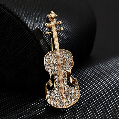 Violin Brooch with Rhinestones – Gold-Tone