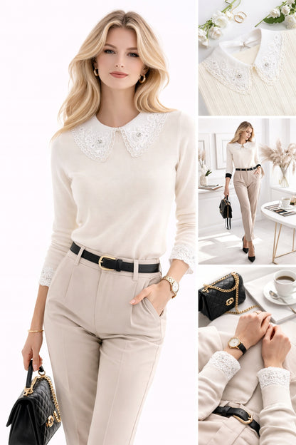 Elegant White Embroidered Tie-on Collar with Cubic Zirconia — Fashion Accessory