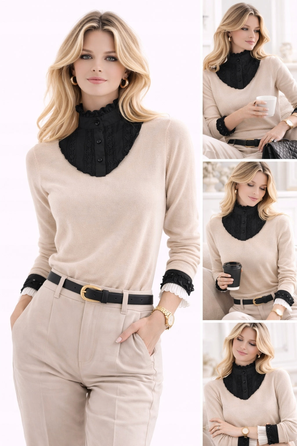 Cuello desmontable de encaje de mujer – negro