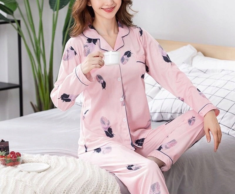 Pyjama boutonné pour femme – rose, à chats