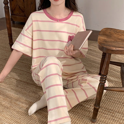 Damenpyjama – rosa gestreift mit Schleife