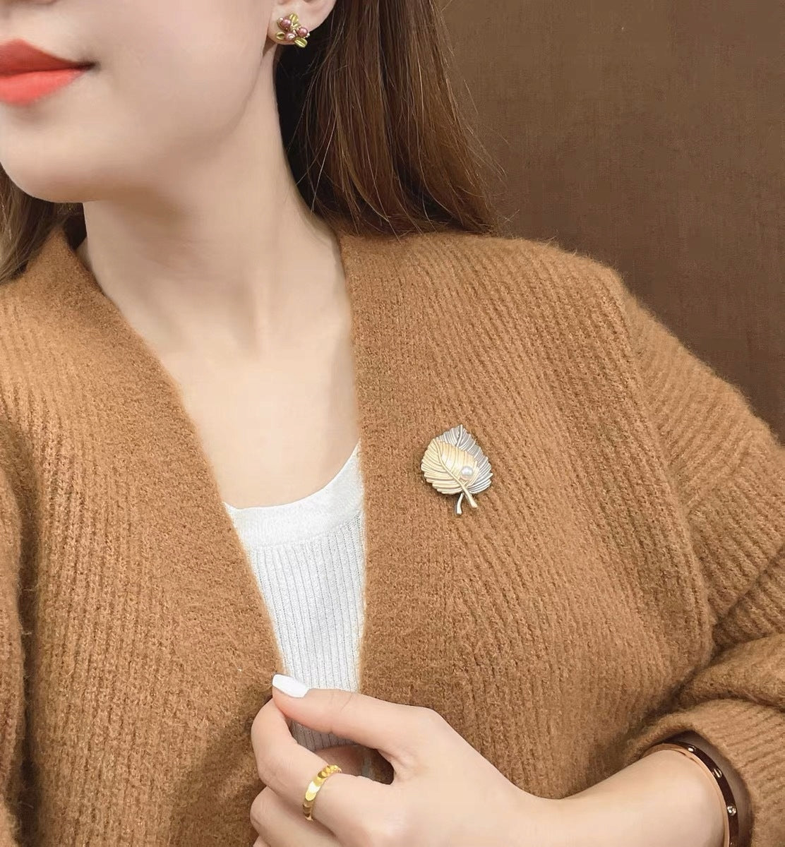 Leaf Brooch with Pearls