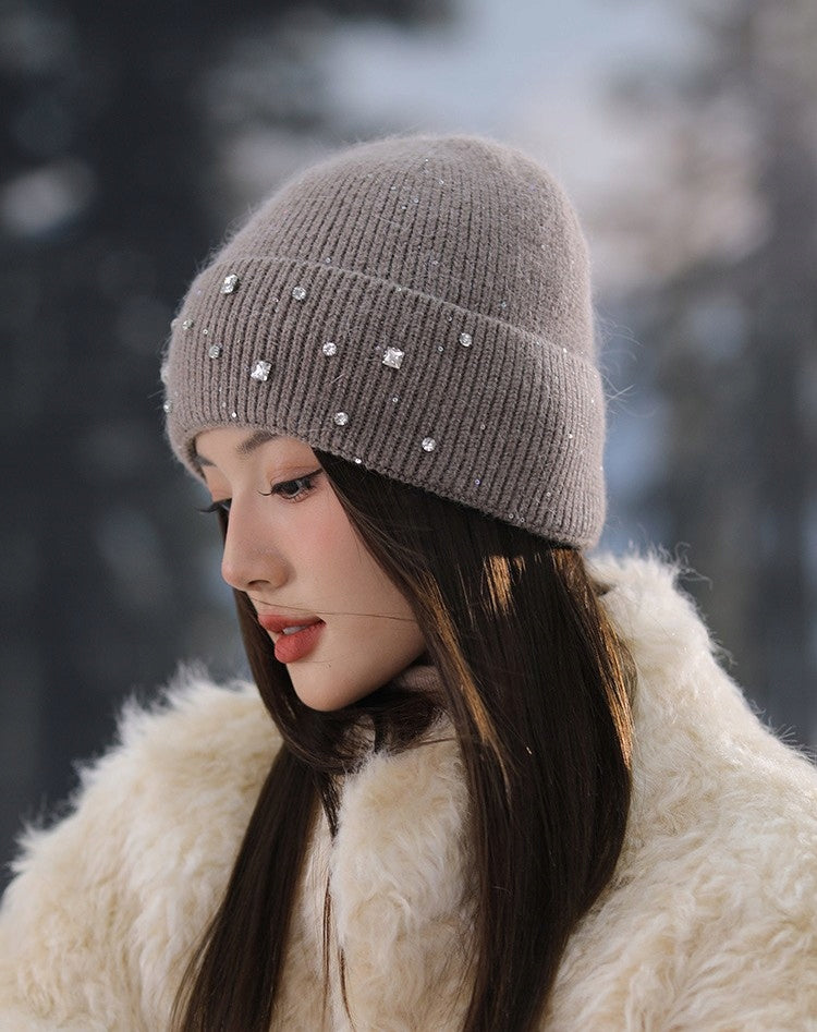 jasnobrązowa CZAPKA damska cyrkonie zimowa jesienna stylowa BEANIE stylowa