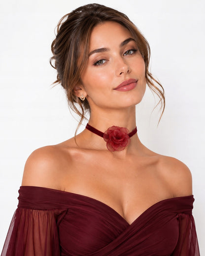 Colier choker cu trandafir – vișiniu și roz