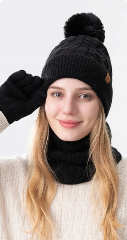 Set de iarnă: căciulă, fular tubular și mănuși – negru