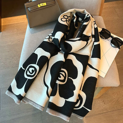 Women's Winter Scarf 180 × 90 cm – White & Black