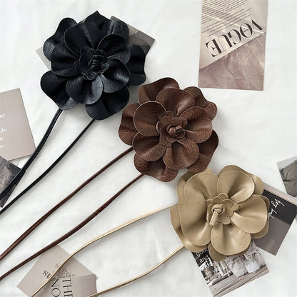 Beige Faux Leather Tie Belt with Large Flower — Elegant Statement Accessory