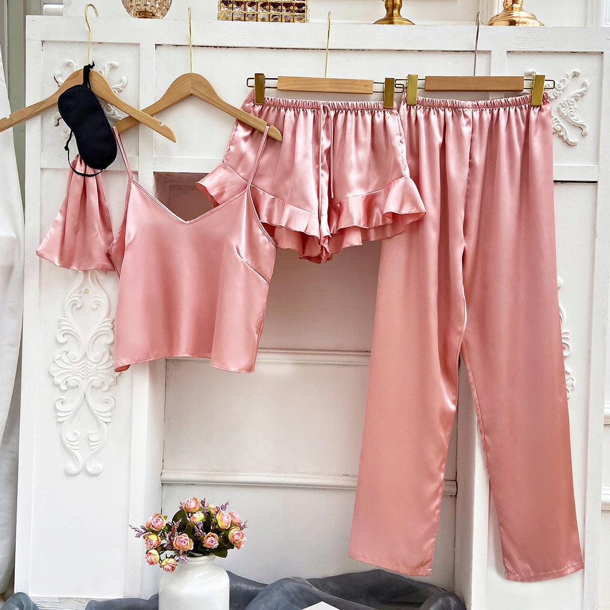 Pijama de damă din satin – set de cinci piese, roz