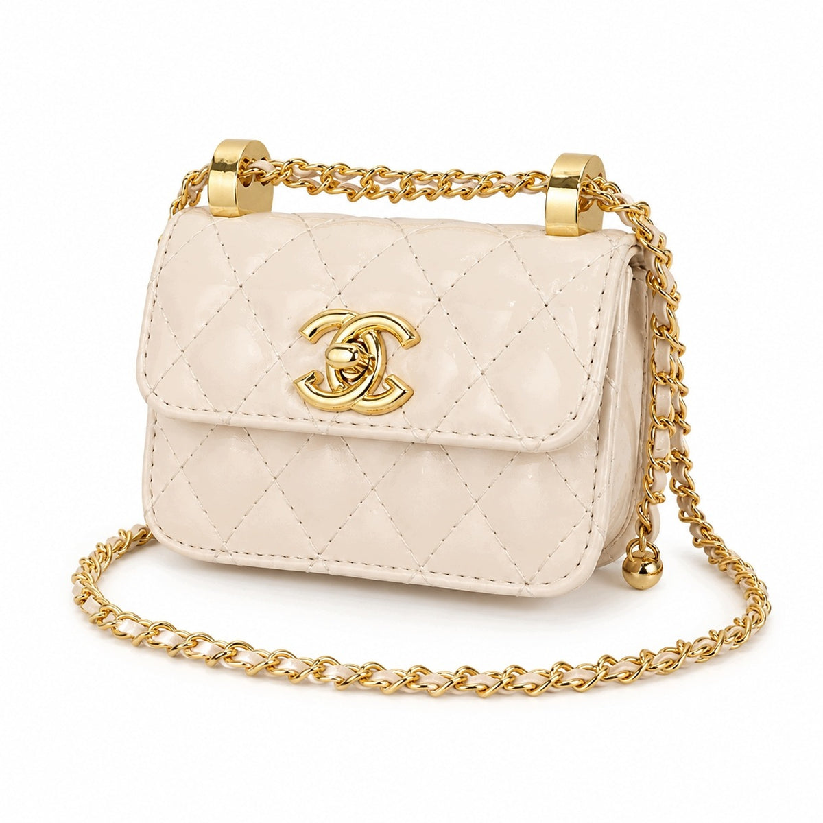 Women's Luxury Cream Mini Quilted Bag with a Chain Strap, 13×11×6 cm
