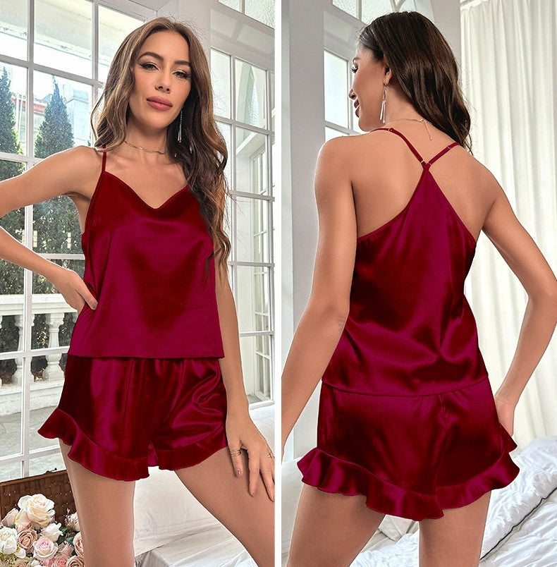 Damen-Satinpyjama – bordeauxrot mit Volant
